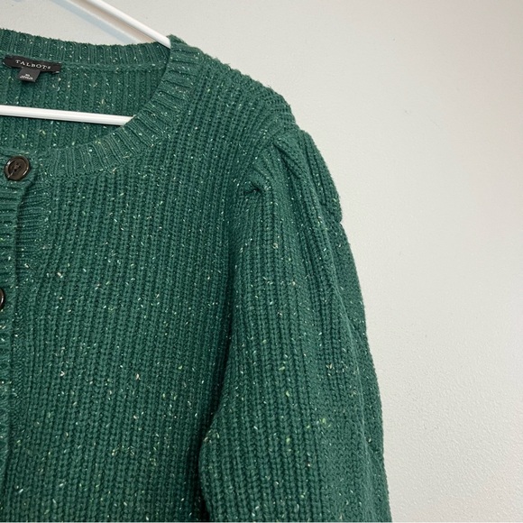 Talbots Button Up Cardigan Green Ruffle Sleeve Cable Knit Sz XL Country grandma - Picture 2 of 11